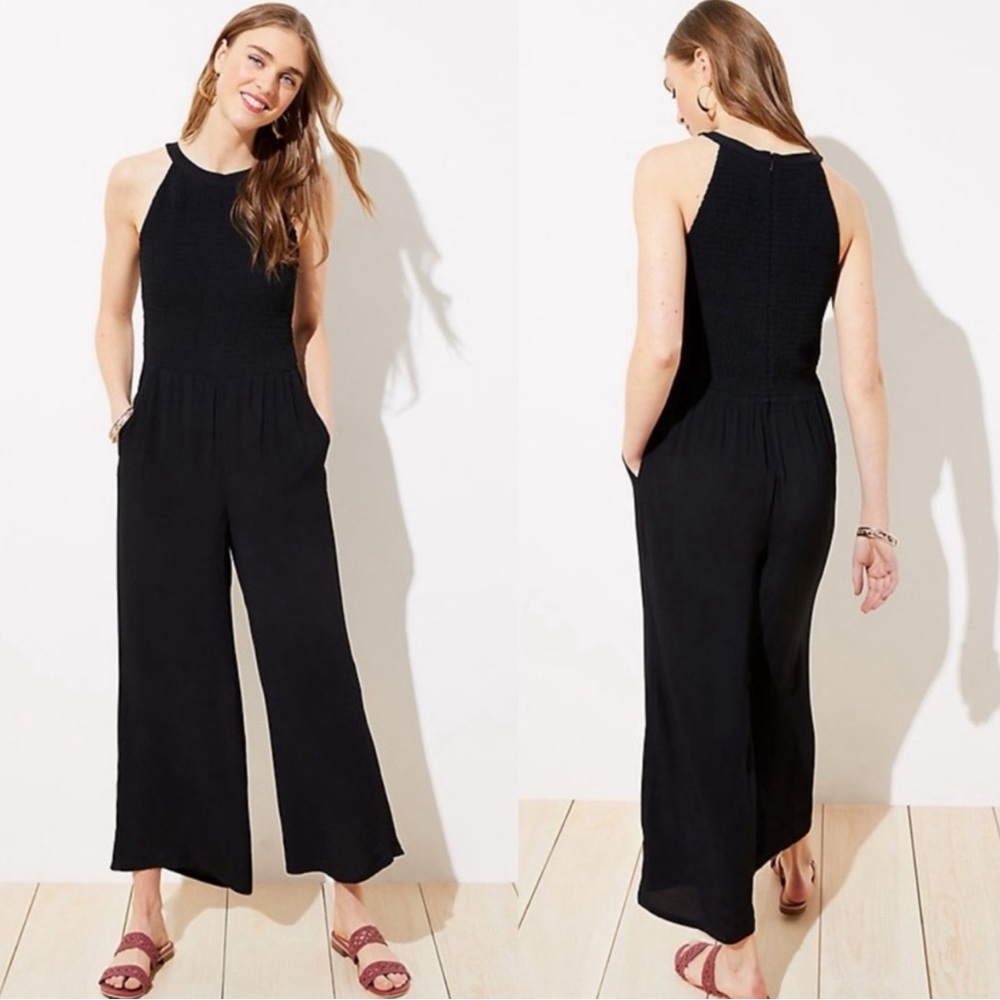 LOFT Black Smocked Wide Legged Soft Flowy Jumpsuit NWT - Size 8